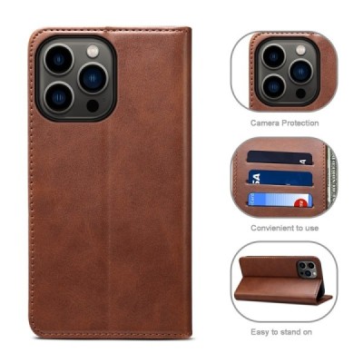 Apple iPhone 15 Pro "Suteni" Brown leather flip case - book | Priedai.lt