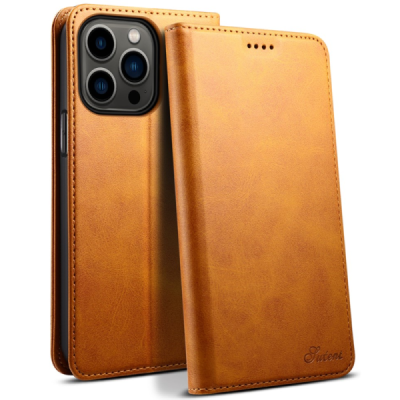 Apple iPhone 15 Pro "Suteni" Light Brown leather flip case - book | Priedai.lt