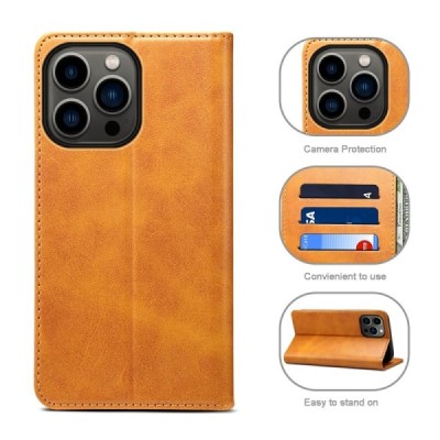 Apple iPhone 15 Pro "Suteni" Light Brown leather flip case - book | Priedai.lt