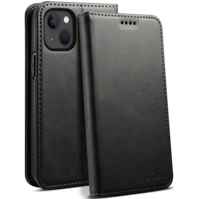 Apple iPhone 15 Plus "Suteni" Black leather flip case - book | Priedai.lt