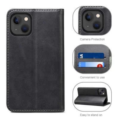 Apple iPhone 15 Plus "Suteni" Black leather flip case - book | Priedai.lt