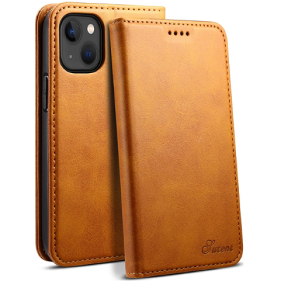 Apple iPhone 15 Plus "Suteni" Light Brown leather flip case - book | Priedai.lt
