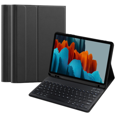 Samsung Galaxy Tab S10 FE / S10 / S9 FE / S9 / S8 / S7 / S10 Lite "Bosina" flip black leather case with bluetooth wireless keybo