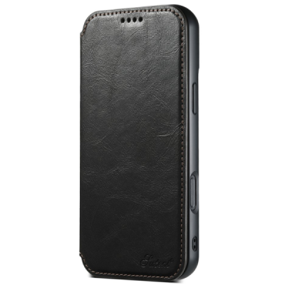 Apple iPhone 16 Pro "Suteni" MagSafe Black leather flip case - book | Priedai.lt