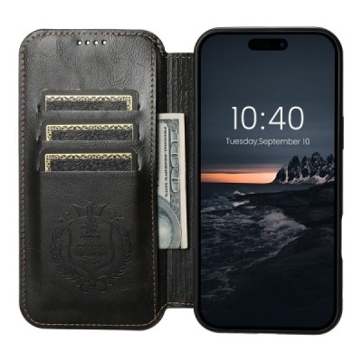 Apple iPhone 16 Pro Max "Suteni" MagSafe Black leather flip case - book | Priedai.lt