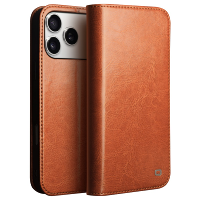 Apple iPhone 17 Pro Max "QIALINO" flip-up leather case cover - Light Brown | Priedai.lt