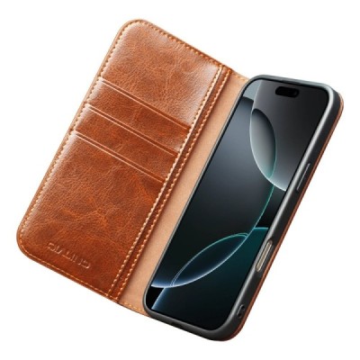Apple iPhone 17 Pro Max "QIALINO" flip-up leather case cover - Light Brown | Priedai.lt