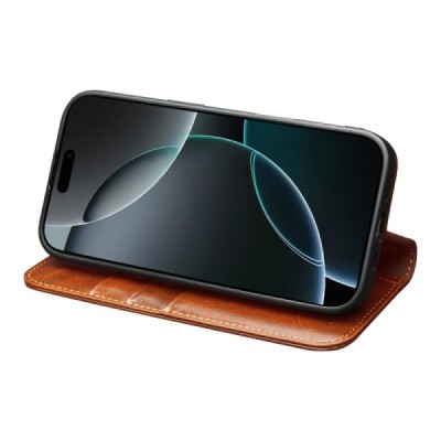 Apple iPhone 17 Pro Max "QIALINO" flip-up leather case cover - Light Brown | Priedai.lt