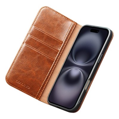 Apple iPhone 17 "QIALINO" flip-up leather case cover - Light Brown | Priedai.lt