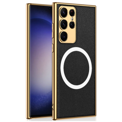 Samsung Galaxy S23 Ultra (SM-S918) GKK Luxury MagSafe black case - back with gold edges | Priedai.lt