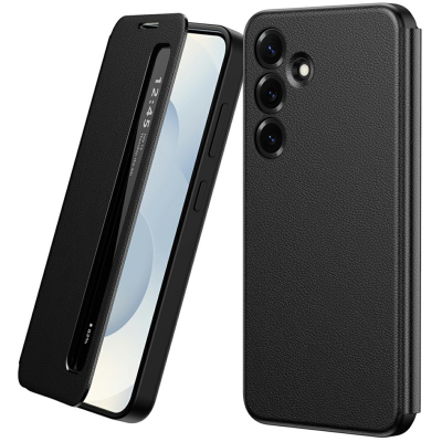 "Qing" Smart Side Line Solid Flip Case - Black (Galaxy S25)