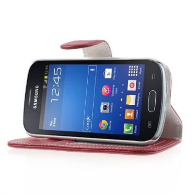 Samsung Galaxy Trend Lite S7390 (S7392) atverčiamas raudonas odinis Litchi dėklas - piniginė / Priedai.lt