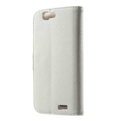 Huawei Ascend G7 atverčiamas baltas odinis Litchi dėklas - piniginė / Priedai.lt