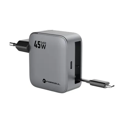 „Forcell“ PD wall charger (45W), with integrated USB-C cable – black