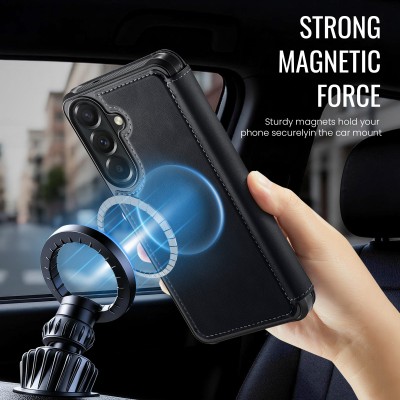 „CaseMe“ MagSafe Leather Flip Case - Black (Galaxy A17 / A26 / A16)