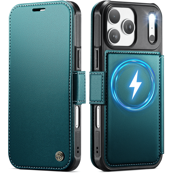 „CaseMe“ MagSafe Leather Flip Case - green (iPhone 17 Pro)