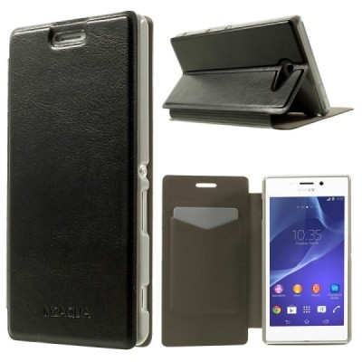 Sony Xperia M2 Aqua atverčiamas juodas odinis dėklas / Priedai.lt