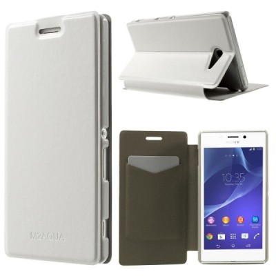 Sony Xperia M2 Aqua atverčiamas baltas odinis dėklas / Priedai.lt