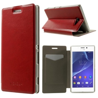 Sony Xperia M2 Aqua atverčiamas raudonas odinis dėklas / Priedai.lt