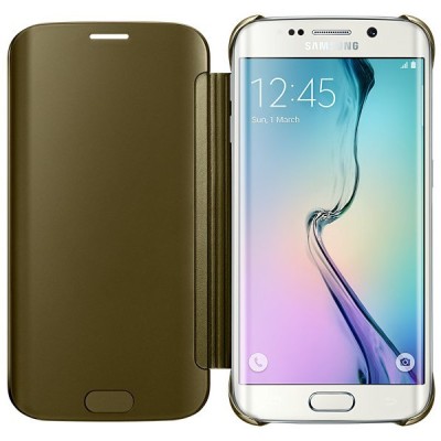 Samsung Galaxy S6 Edge originalus Clear View Cover atverčiamas auksinis dėklas / Priedai.lt