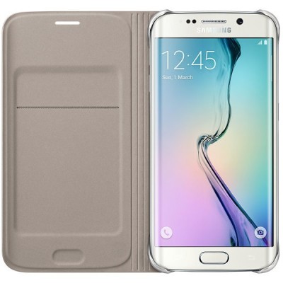Samsung Galaxy S6 Edge G925 originalus Flip Wallet atverčiamas auksinis odinis dėklas - piniginė / Priedai.lt