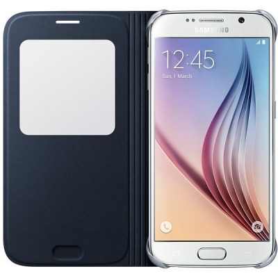 Samsung Galaxy S6 G920 originalus S View Cover atverčiamas juodas dėklas su langeliu / Priedai.lt