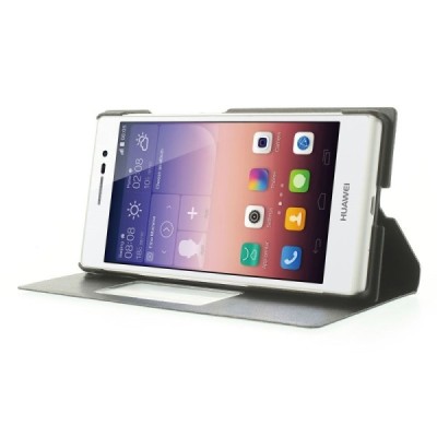 Huawei Ascend P7 juodas odinis atverčiamas „Smart Window“ dėklas su langeliu / Priedai.lt