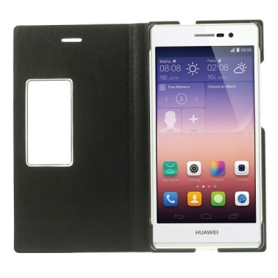 Huawei Ascend P7 juodas odinis atverčiamas „Smart Window“ dėklas su langeliu / Priedai.lt