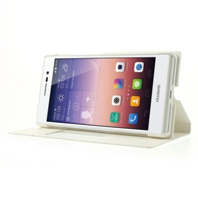 Huawei Ascend P7 baltas odinis atverčiamas „Smart Window“ dėklas su langeliu / Priedai.lt