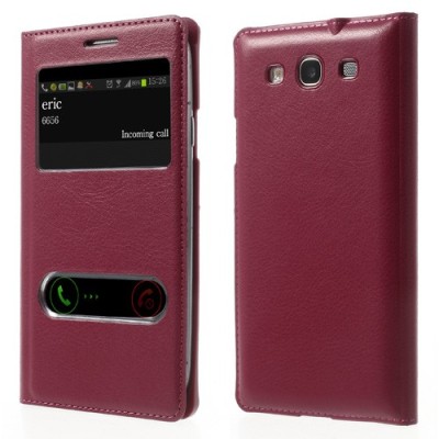 Samsung Galaxy S3 tamsiai rožinis odinis atverčiamas „Smart Window“ dėklas su langeliu / Priedai.lt