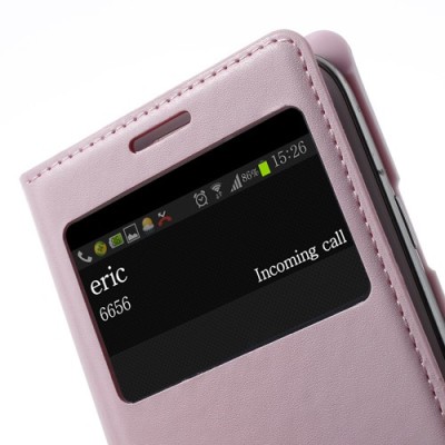 Samsung Galaxy S3 šviesiai rožinis odinis atverčiamas „Smart Window“ dėklas su langeliu / Priedai.lt