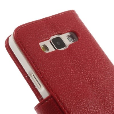 Samsung Galaxy A3 2015 (A300F) atverčiamas raudonas odinis Litchi dėklas - piniginė / Priedai.lt