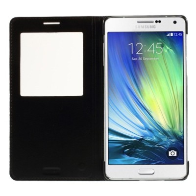 Samsung Galaxy A7 juodas atverčiamas „View Window“ dėklas su langeliu / Priedai.lt