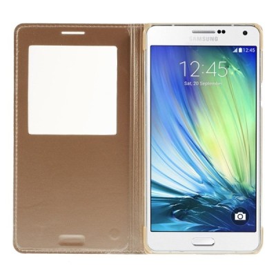 Samsung Galaxy A7 auksinis odinis atverčiamas „View Window“ dėklas su langeliu / Priedai.lt