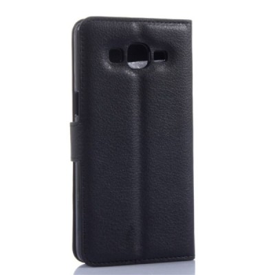 Samsung Galaxy Grand Prime (G530) atverčiamas juodas odinis Litchi dėklas - piniginė / Priedai.lt
