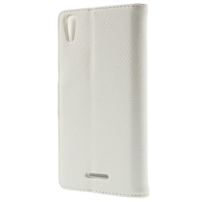 Sony Xperia T3 atverčiamas baltas odinis Litchi dėklas - piniginė / Priedai.lt