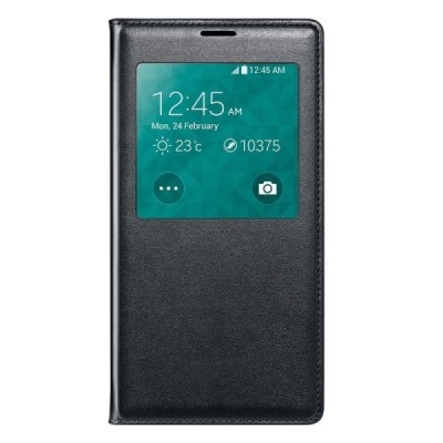 Samsung Galaxy S5 (S5 Neo) juodas odinis atverčiamas „View  Window“ dėklas su langeliu / Priedai.lt