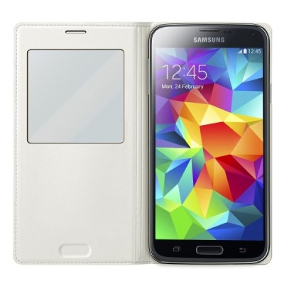Samsung Galaxy S5 (S5 Neo) baltas odinis atverčiamas „View Window“ dėklas su langeliu / Priedai.lt