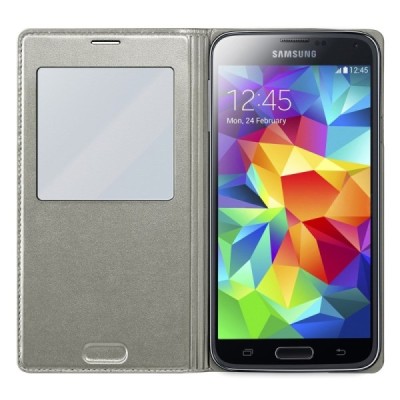 Samsung Galaxy S5 (S5 Neo) sidabrinis odinis atverčiamas „View Window“ dėklas su langeliu / Priedai.lt