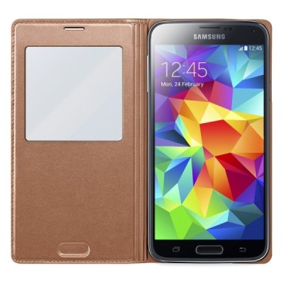 Samsung Galaxy S5 (S5 Neo) bronzinis odinis atverčiamas „View Window“ dėklas su langeliu / Priedai.lt