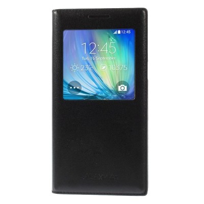 Samsung Galaxy A5 juodas odinis atverčiamas „Smart Window“ dėklas su langeliu / Priedai.lt
