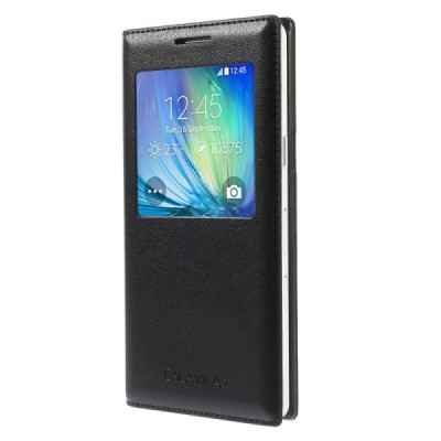 Samsung Galaxy A5 juodas odinis atverčiamas „Smart Window“ dėklas su langeliu / Priedai.lt