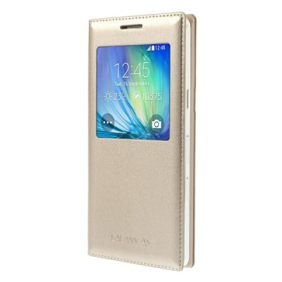 Samsung Galaxy A5 auksinis odinis atverčiamas „Smart Window“ dėklas su langeliu / Priedai.lt