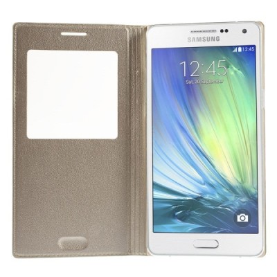 Samsung Galaxy A5 auksinis odinis atverčiamas „Smart Window“ dėklas su langeliu / Priedai.lt