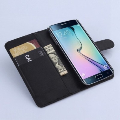 Samsung Galaxy S6 Edge (G925) atverčiamas juodas odinis Litchi dėklas - piniginė / Priedai.lt