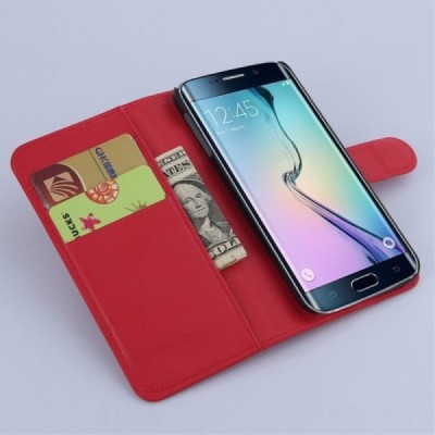 Samsung Galaxy S6 Edge (G925) atverčiamas raudonas odinis Litchi dėklas - piniginė / Priedai.lt