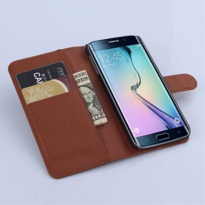 Samsung Galaxy S6 Edge (G925) atverčiamas rudas odinis Litchi dėklas - piniginė / Priedai.lt