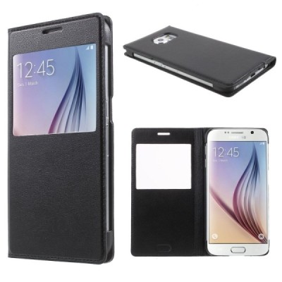 Samsung Galaxy S6 (G920) juodas odinis atverčiamas dėklas su langeliu / Priedai.lt