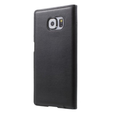 Samsung Galaxy S6 (G920) juodas odinis atverčiamas dėklas su langeliu / Priedai.lt