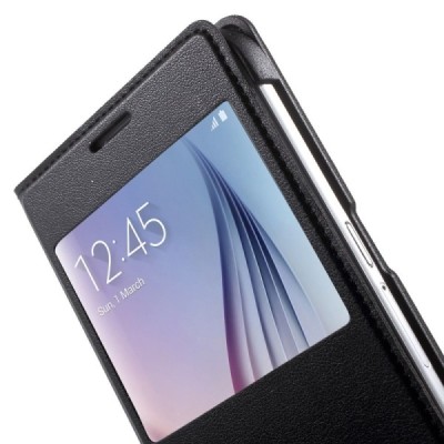 Samsung Galaxy S6 (G920) juodas odinis atverčiamas dėklas su langeliu / Priedai.lt
